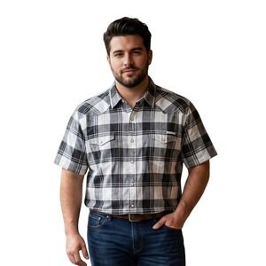 Lucky Brand Mens XL Black White Plaid Pearl Snap Western Short Sleeve Shirt